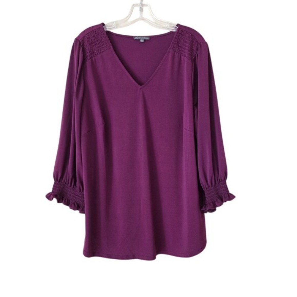 Adrianna Papell Plum Purple Smocked V-Neck Balloon Sleeve Blouse Size 2X